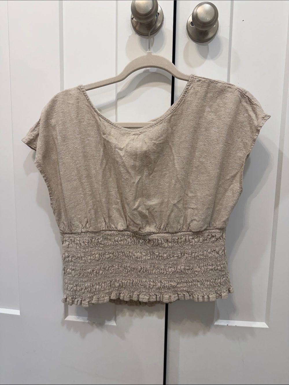 Old Navy Beige Smocked-Waist Short Sleeve Crop Top
